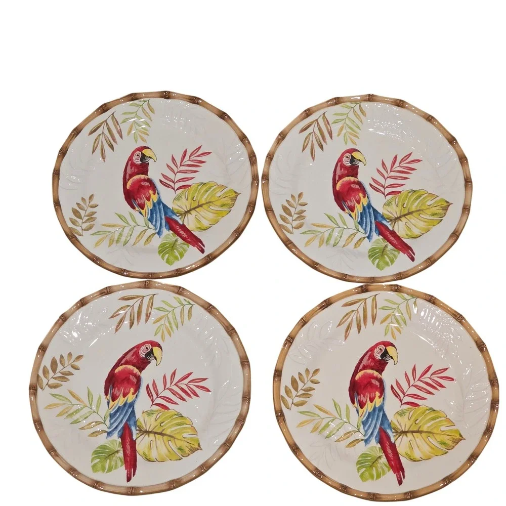 Pier 1 Cabana Macaw Parrot‎ Tropical Salad Dessert Plates Colorful Set of 4